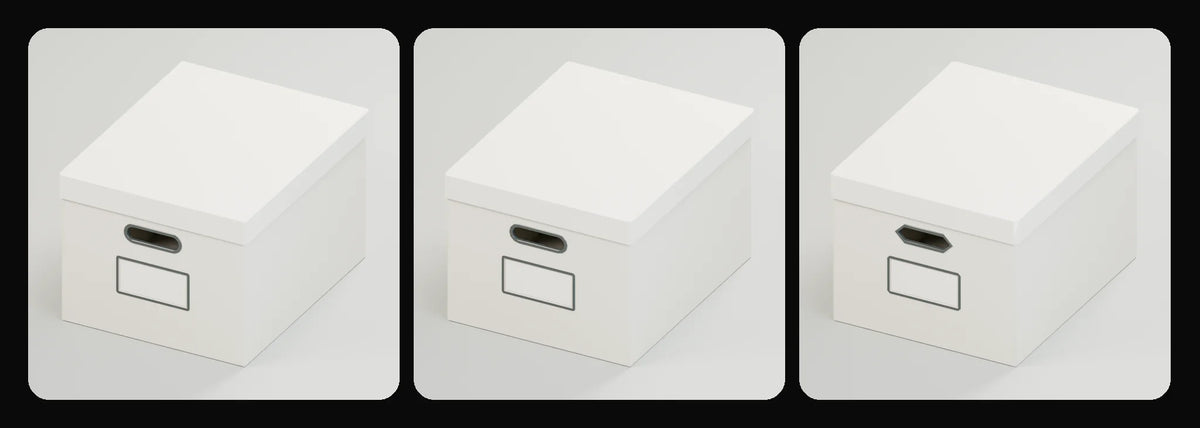 File archive box in its three geometry profiles: Studio, Realtime and Low-poly, left to right