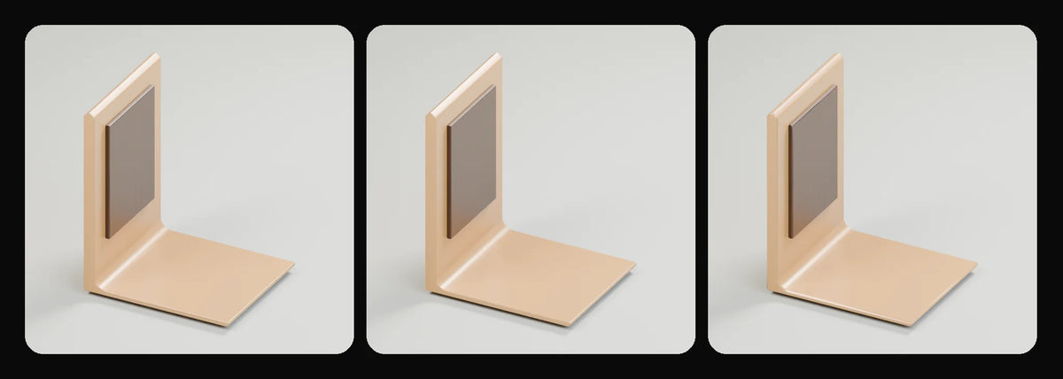 Fold bookend in its three geometry profiles: Studio, Realtime and Low-poly, left to right