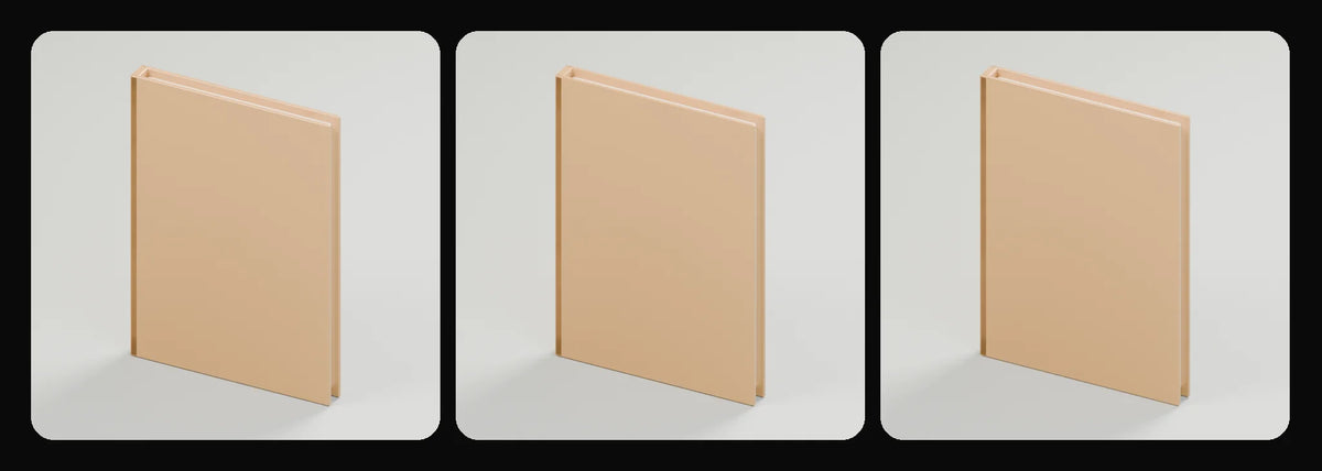 Notes bound notebook in its three geometry profiles: Studio, Realtime and Low-poly, left to right