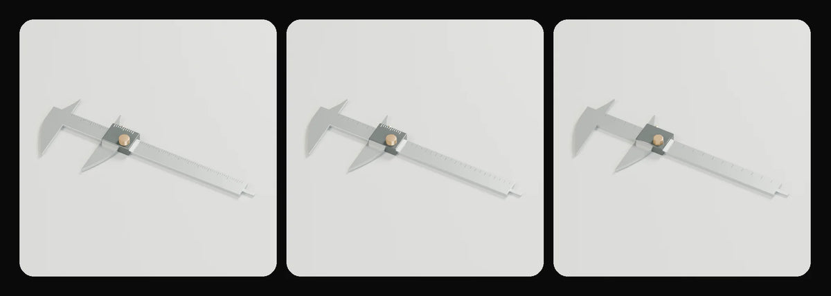 Gauge vernier caliper in its three geometry profiles: Studio, Realtime and Low-poly, left to right