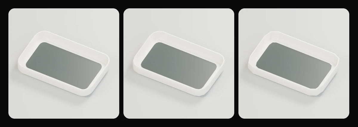 Landing tray in its three geometry profiles: Studio, Realtime and Low-poly, left to right