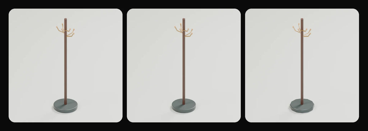 Branch coat stand in its three geometry profiles: Studio, Realtime and Low-poly, left to right