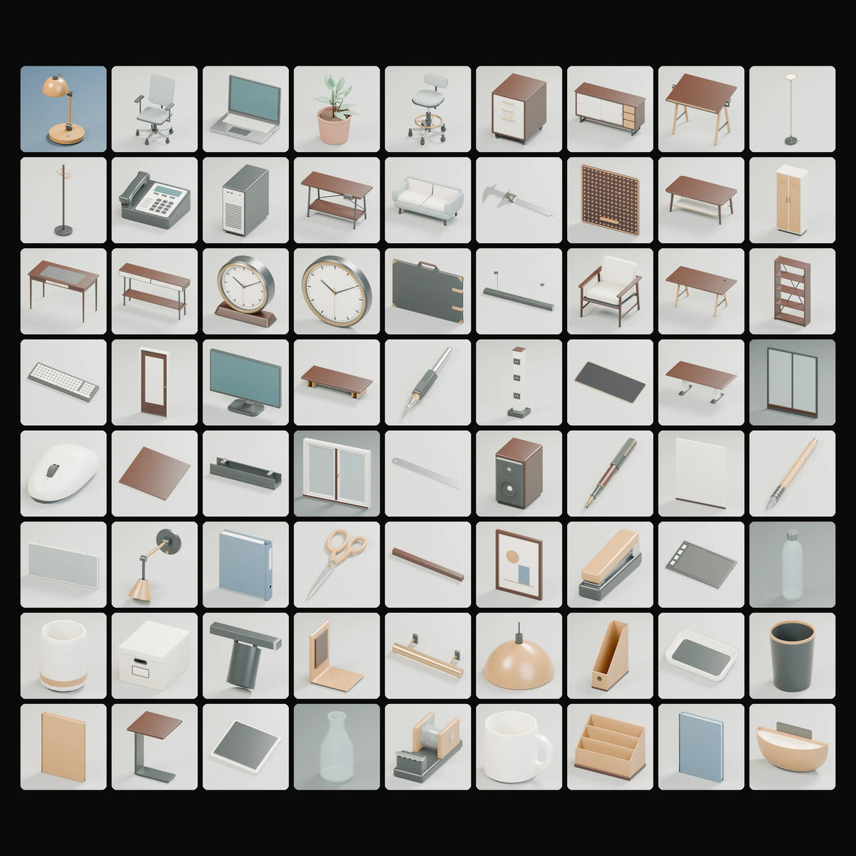 Atelier Workspaces — Complete Collection: studio renders of the 72 included assets
