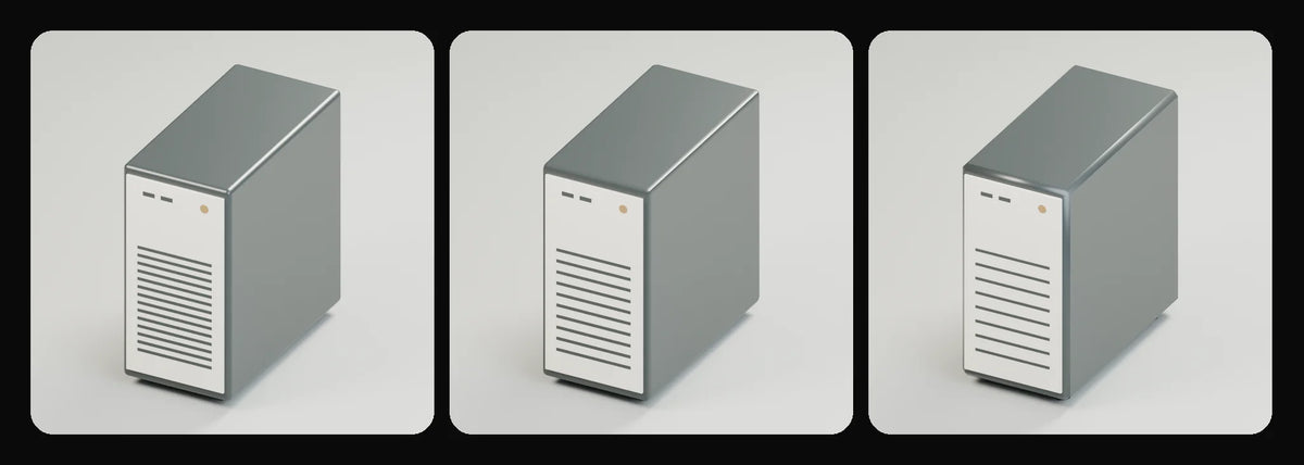 Core workstation tower in its three geometry profiles: Studio, Realtime and Low-poly, left to right