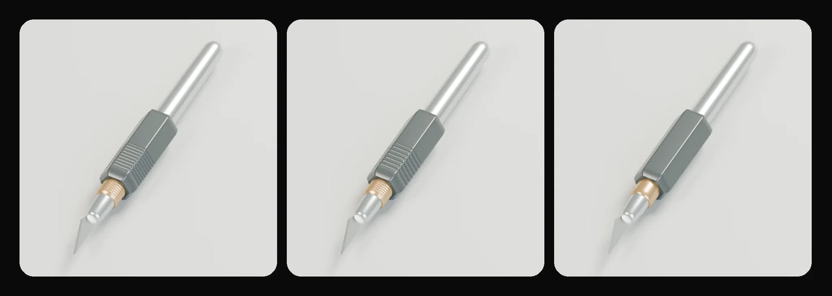 Cut precision knife in its three geometry profiles: Studio, Realtime and Low-poly, left to right