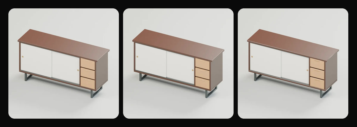 Archive credenza in its three geometry profiles: Studio, Realtime and Low-poly, left to right