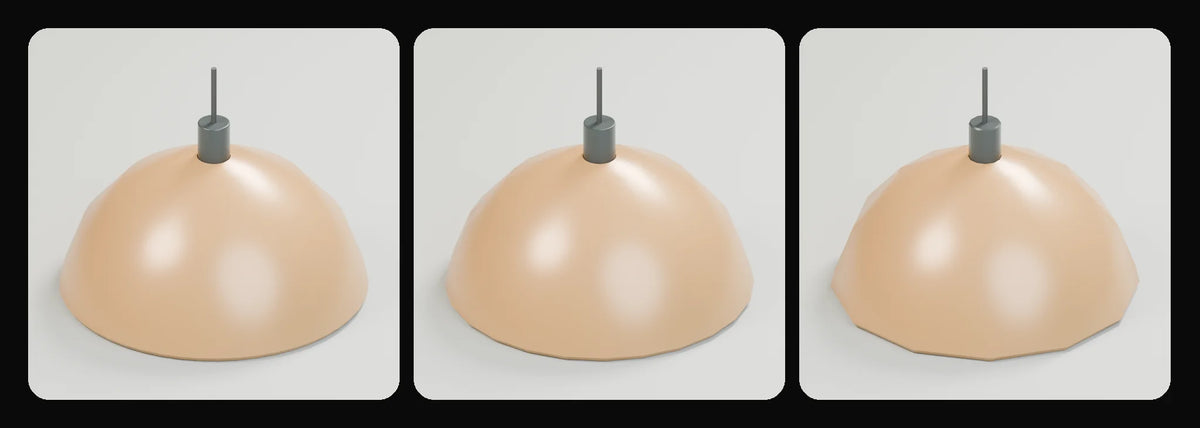 Halo dome pendant in its three geometry profiles: Studio, Realtime and Low-poly, left to right