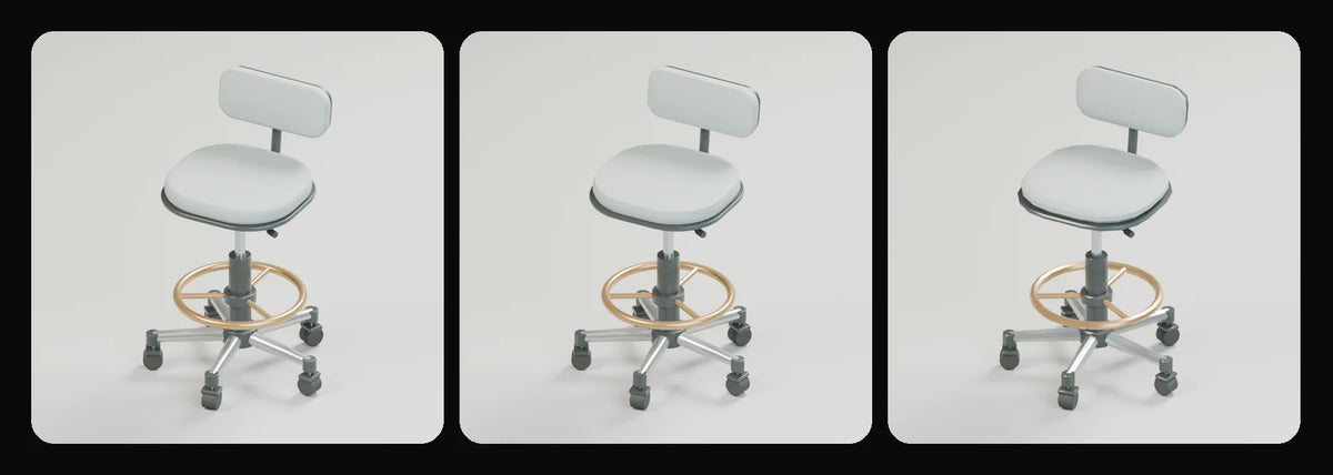 Rise drafting stool in its three geometry profiles: Studio, Realtime and Low-poly, left to right