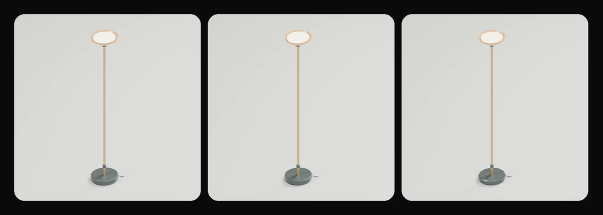 Beacon floor uplight in its three geometry profiles: Studio, Realtime and Low-poly, left to right