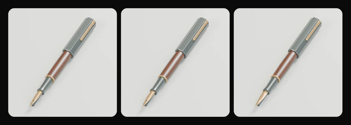 Nib fountain pen in its three geometry profiles: Studio, Realtime and Low-poly, left to right