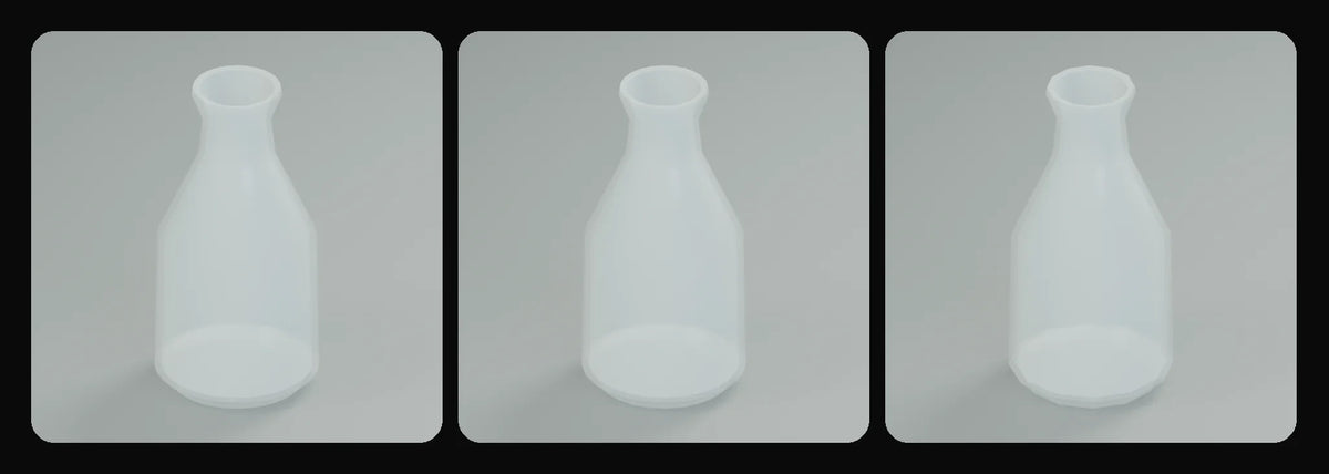 Pour glass carafe in its three geometry profiles: Studio, Realtime and Low-poly, left to right
