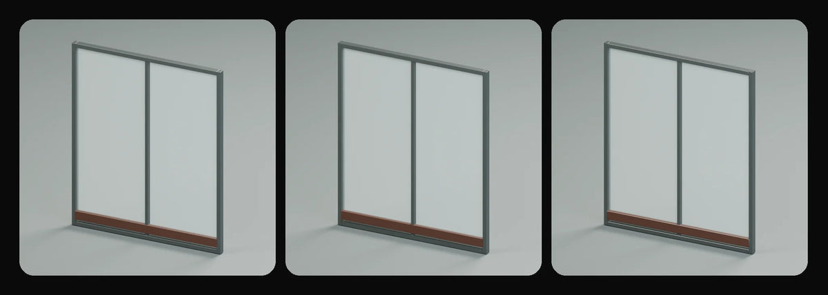Frame glazed partition in its three geometry profiles: Studio, Realtime and Low-poly, left to right