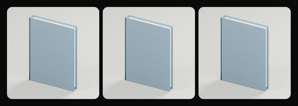 Volume hardback book in its three geometry profiles: Studio, Realtime and Low-poly, left to right