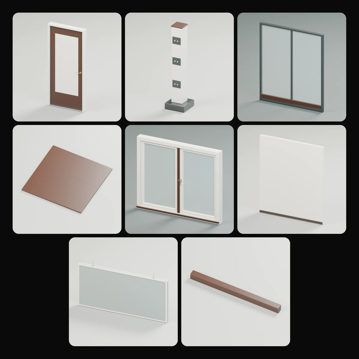 Architecture Modules Kit: studio renders of the 8 included assets