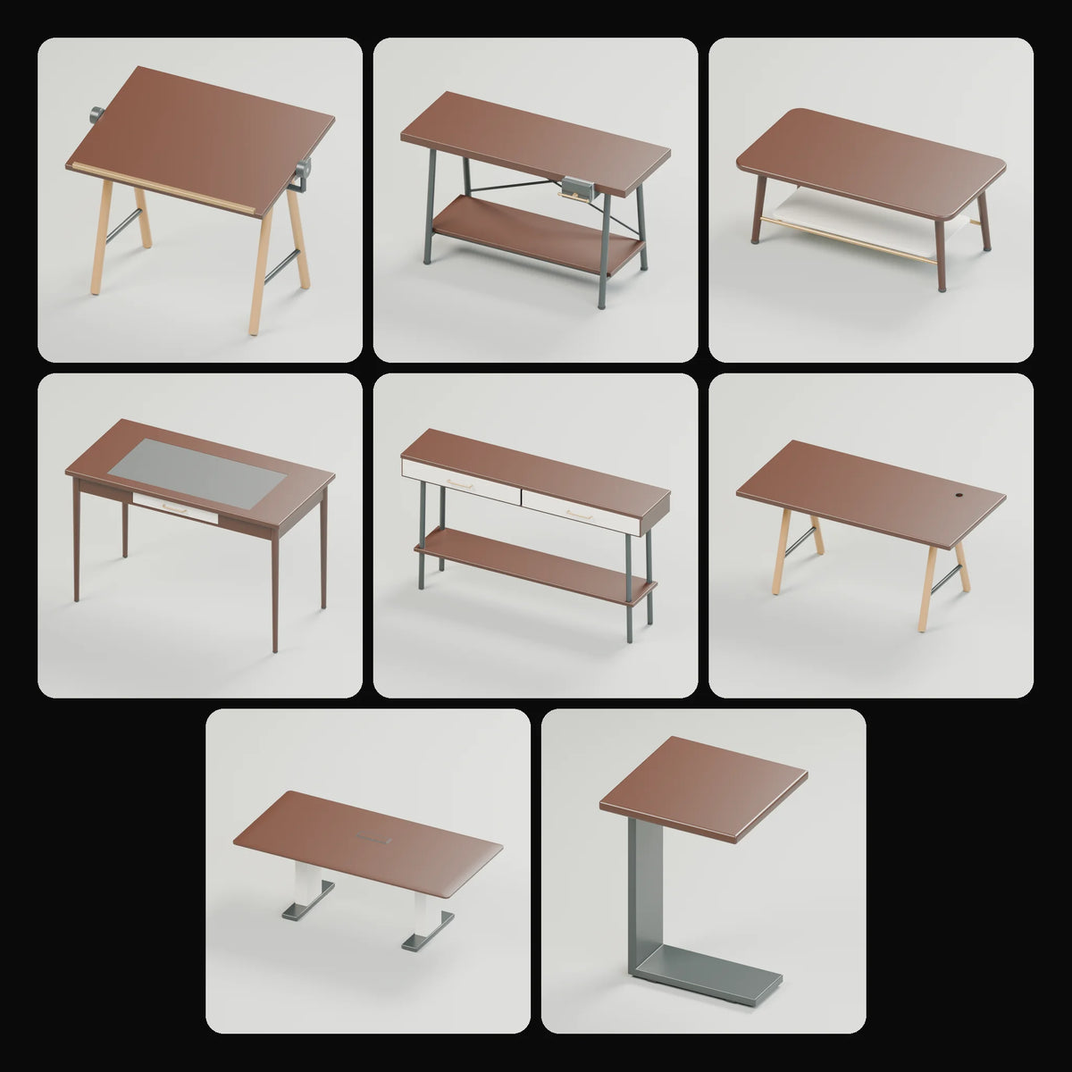 Desks & Tables Kit: studio renders of the 8 included assets