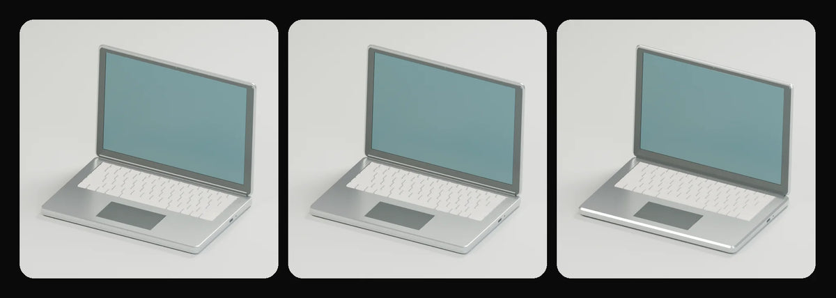 Folio open laptop in its three geometry profiles: Studio, Realtime and Low-poly, left to right