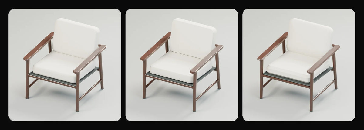 Repose lounge chair in its three geometry profiles: Studio, Realtime and Low-poly, left to right