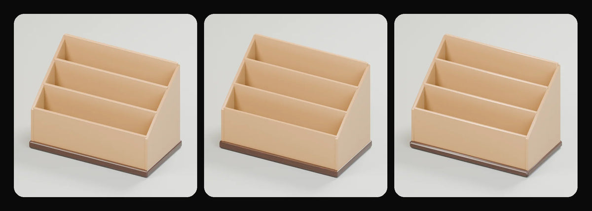 Sort letter rack in its three geometry profiles: Studio, Realtime and Low-poly, left to right