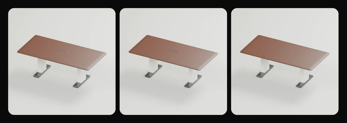 Forum meeting table in its three geometry profiles: Studio, Realtime and Low-poly, left to right