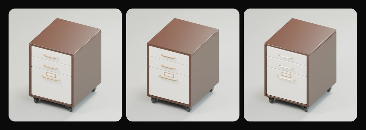 Roll mobile pedestal in its three geometry profiles: Studio, Realtime and Low-poly, left to right