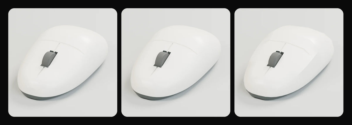 Glide desktop mouse in its three geometry profiles: Studio, Realtime and Low-poly, left to right