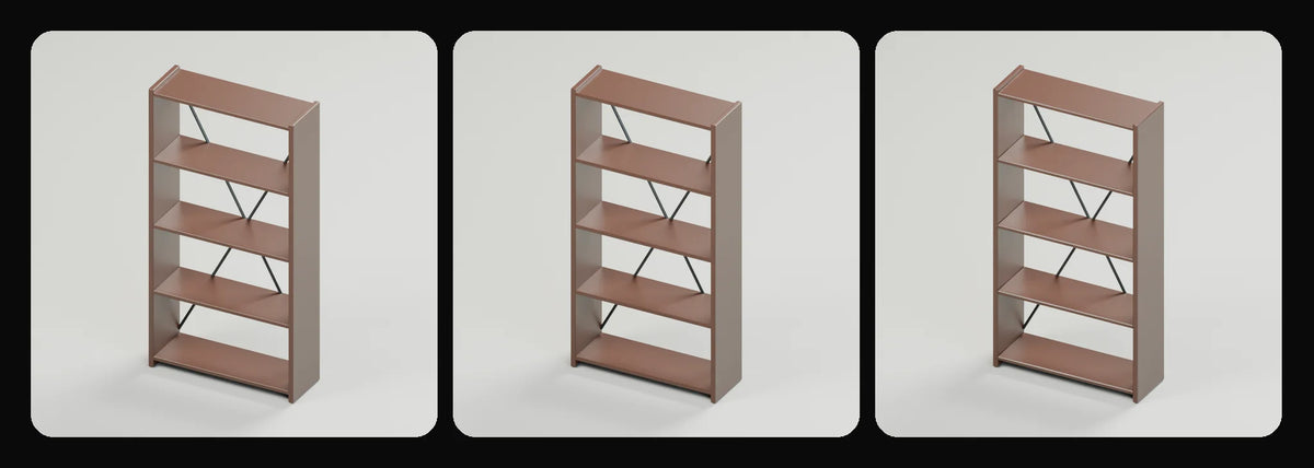 Stack open bookcase in its three geometry profiles: Studio, Realtime and Low-poly, left to right