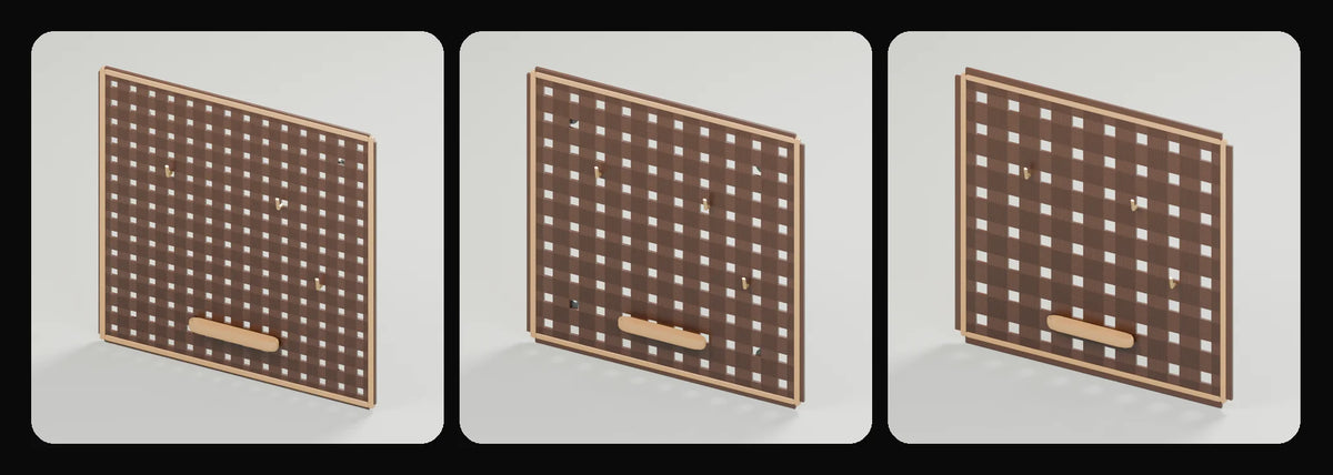 Grid tool pegboard in its three geometry profiles: Studio, Realtime and Low-poly, left to right