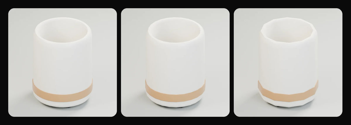Column pen cup in its three geometry profiles: Studio, Realtime and Low-poly, left to right