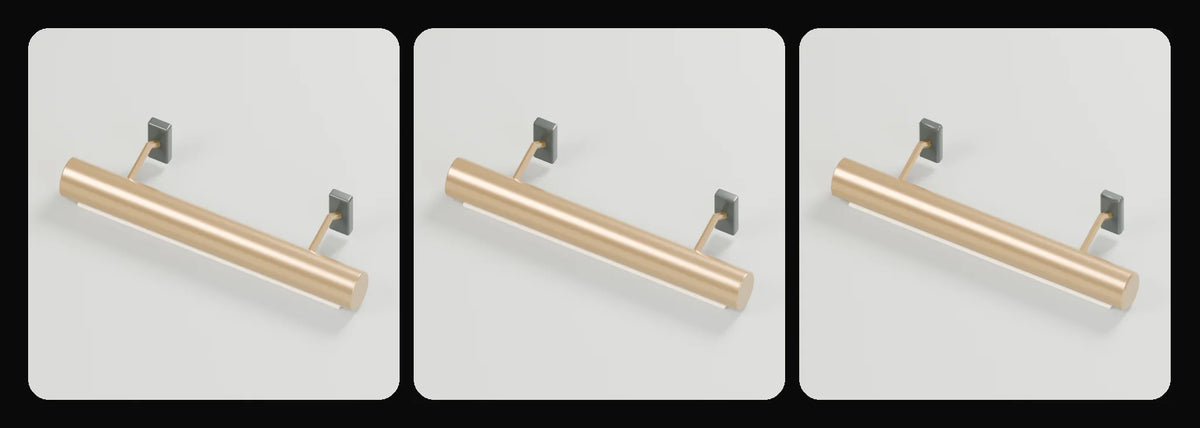 Gallery picture light in its three geometry profiles: Studio, Realtime and Low-poly, left to right