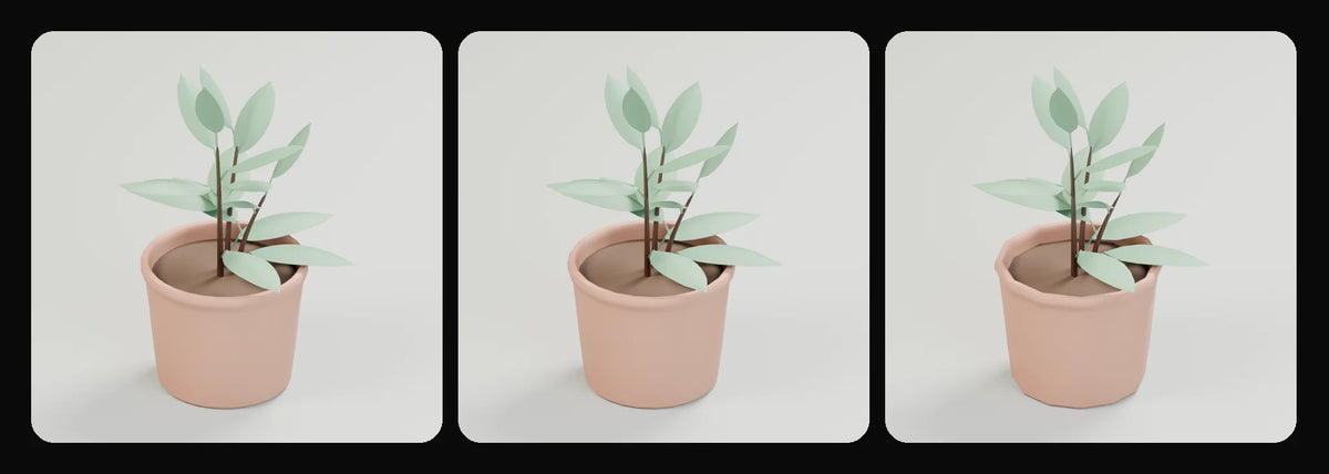 Leaf planted vessel in its three geometry profiles: Studio, Realtime and Low-poly, left to right