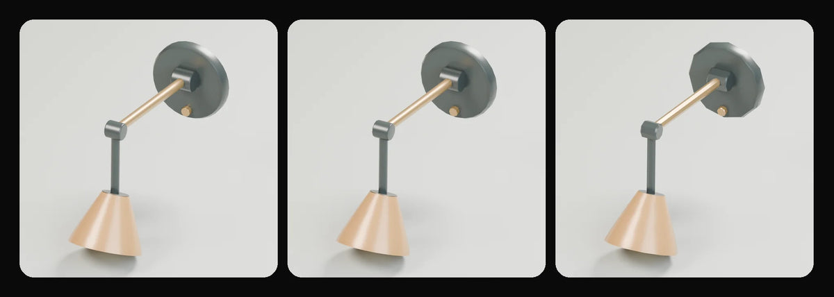 Reach reading sconce in its three geometry profiles: Studio, Realtime and Low-poly, left to right
