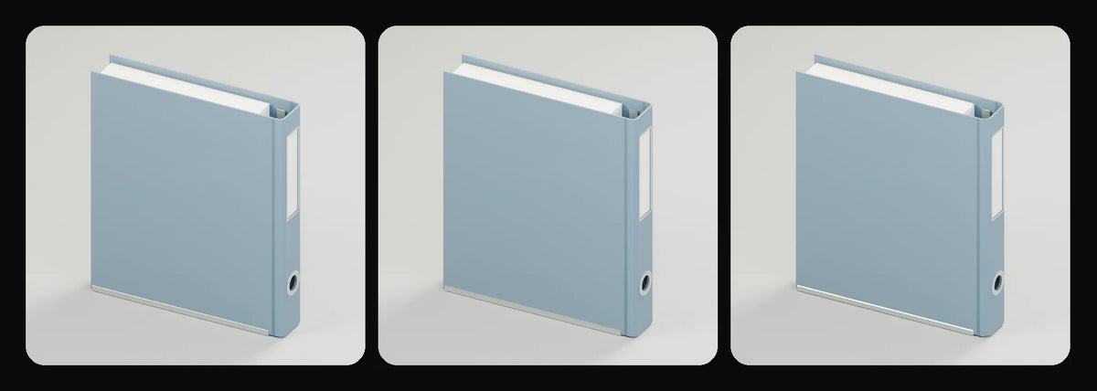 Record ring binder in its three geometry profiles: Studio, Realtime and Low-poly, left to right