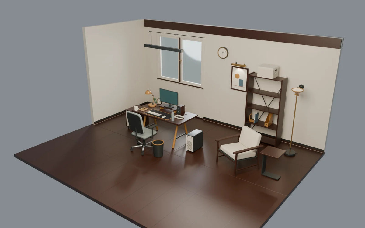 Creative Desk scene from Atelier Workspaces, overview from above (render of the delivered scene)