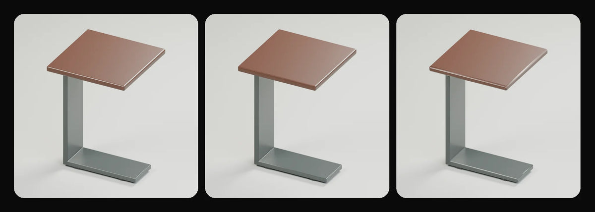 Perch cantilever table in its three geometry profiles: Studio, Realtime and Low-poly, left to right