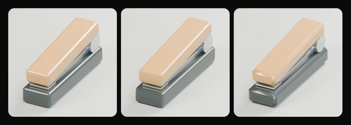 Bind desk stapler in its three geometry profiles: Studio, Realtime and Low-poly, left to right