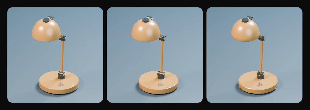 Arc task lamp in its three geometry profiles: Studio, Realtime and Low-poly, left to right