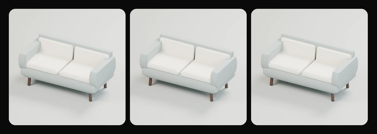 Gather two-seat sofa in its three geometry profiles: Studio, Realtime and Low-poly, left to right