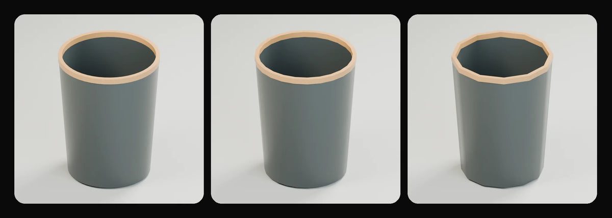 Loop waste bin in its three geometry profiles: Studio, Realtime and Low-poly, left to right