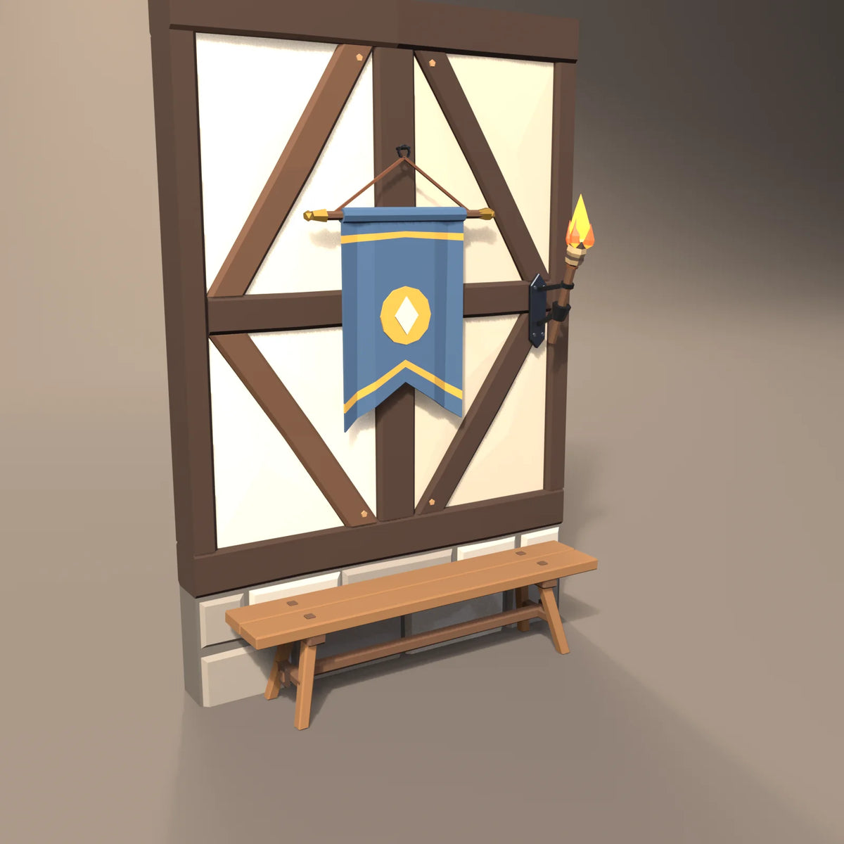 Hanging cloth banner in a Hearth & Hollow setting with the tavern bench, timber-frame wall and iron wall torch (sold separately); wall peg shown for staging, not included