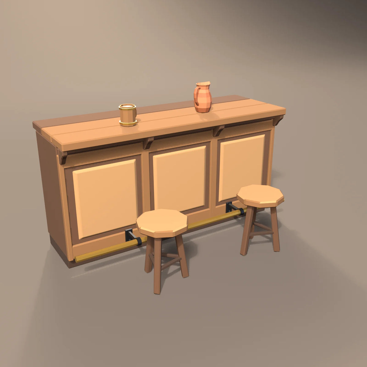 Bar counter section in a Hearth & Hollow setting with the clay pitcher, three-legged stool and hooped wooden tankard (sold separately)