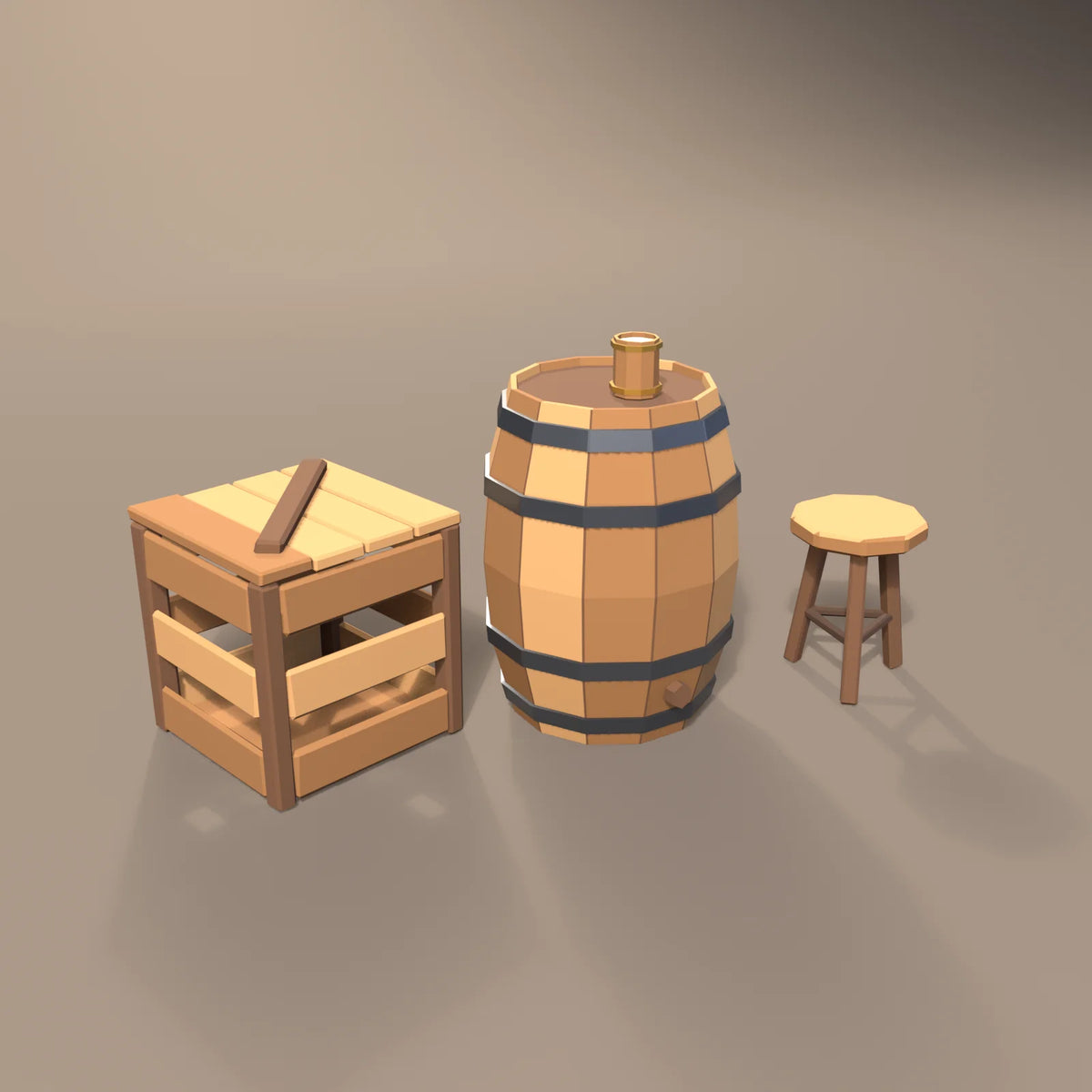 Oak ale barrel in a Hearth & Hollow setting with the slatted supply crate, three-legged stool and hooped wooden tankard (sold separately)
