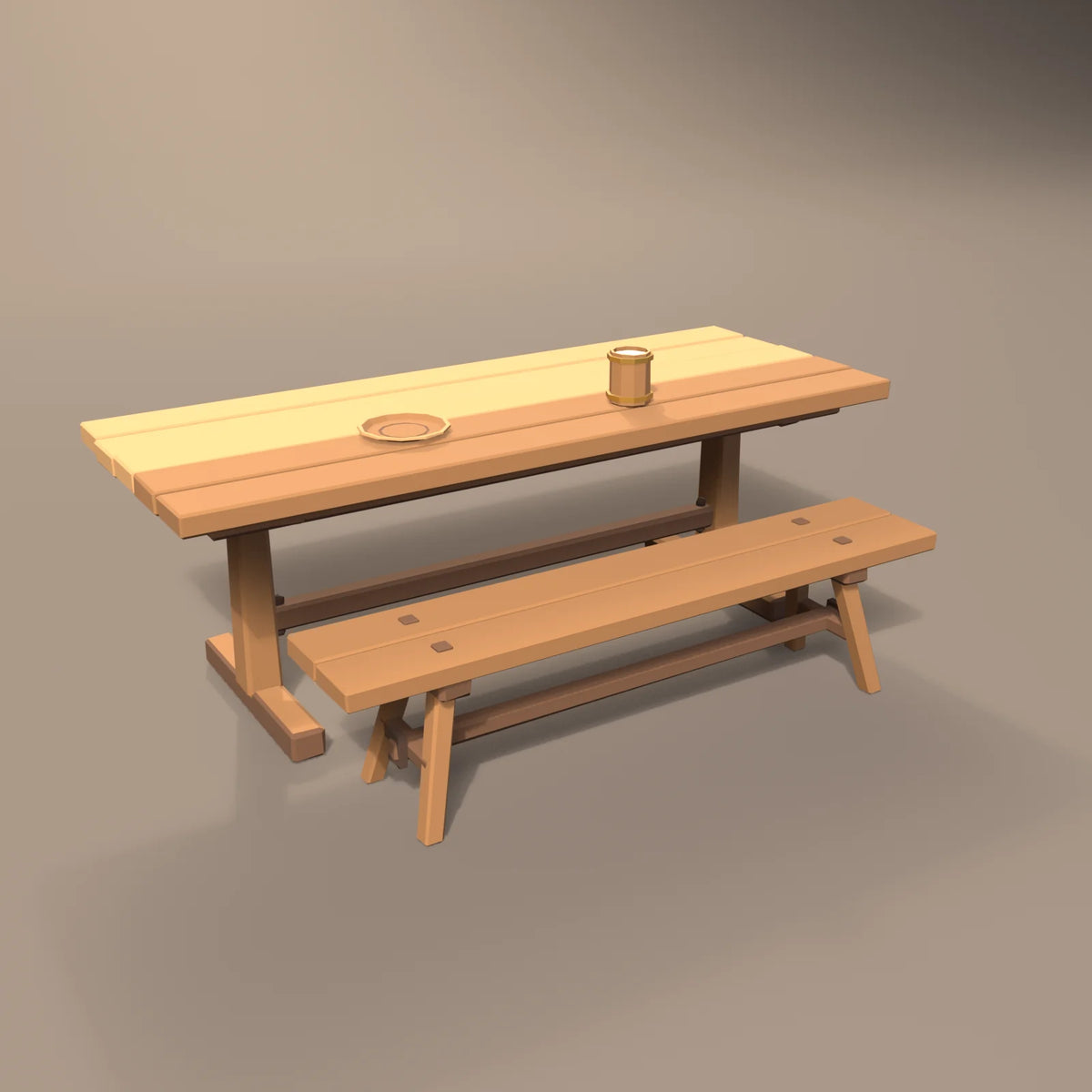 Tavern bench in a Hearth & Hollow setting with the trestle feast table, turned wooden plate and hooped wooden tankard (sold separately)
