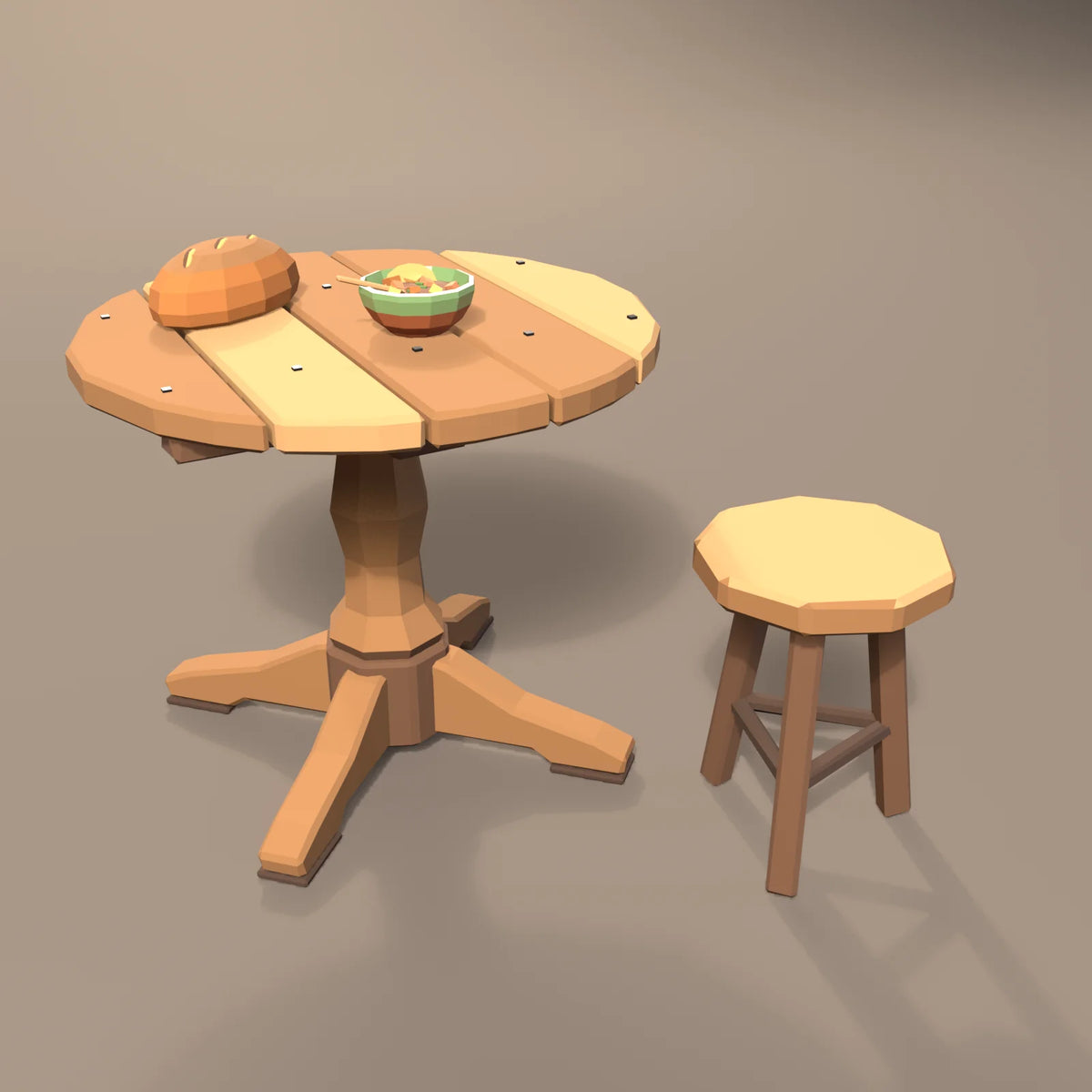 Stew bowl in a Hearth & Hollow setting with the crusty bread loaf, round pedestal table and three-legged stool (sold separately)