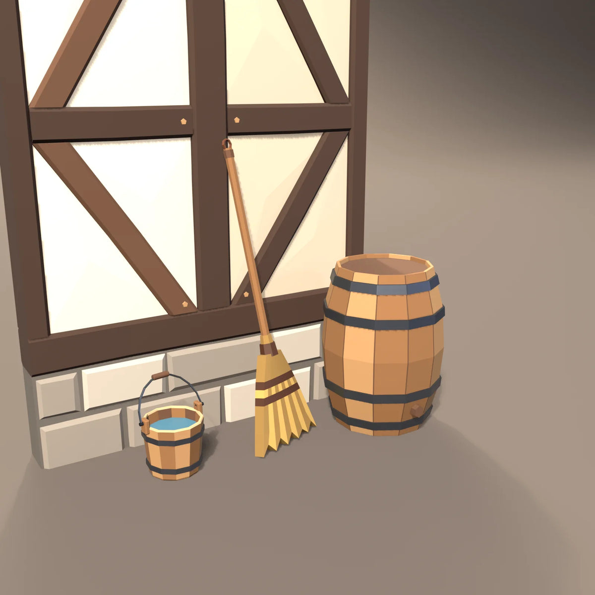 Straw broom in a Hearth & Hollow setting with the oak ale barrel, hooped water bucket and timber-frame wall (sold separately)