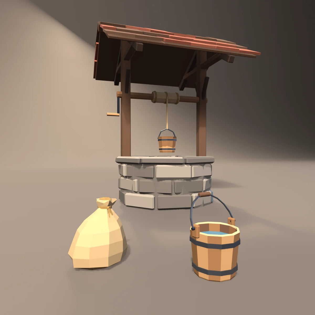 Hooped water bucket in a Hearth & Hollow setting with the grain sack and stone village well (sold separately)