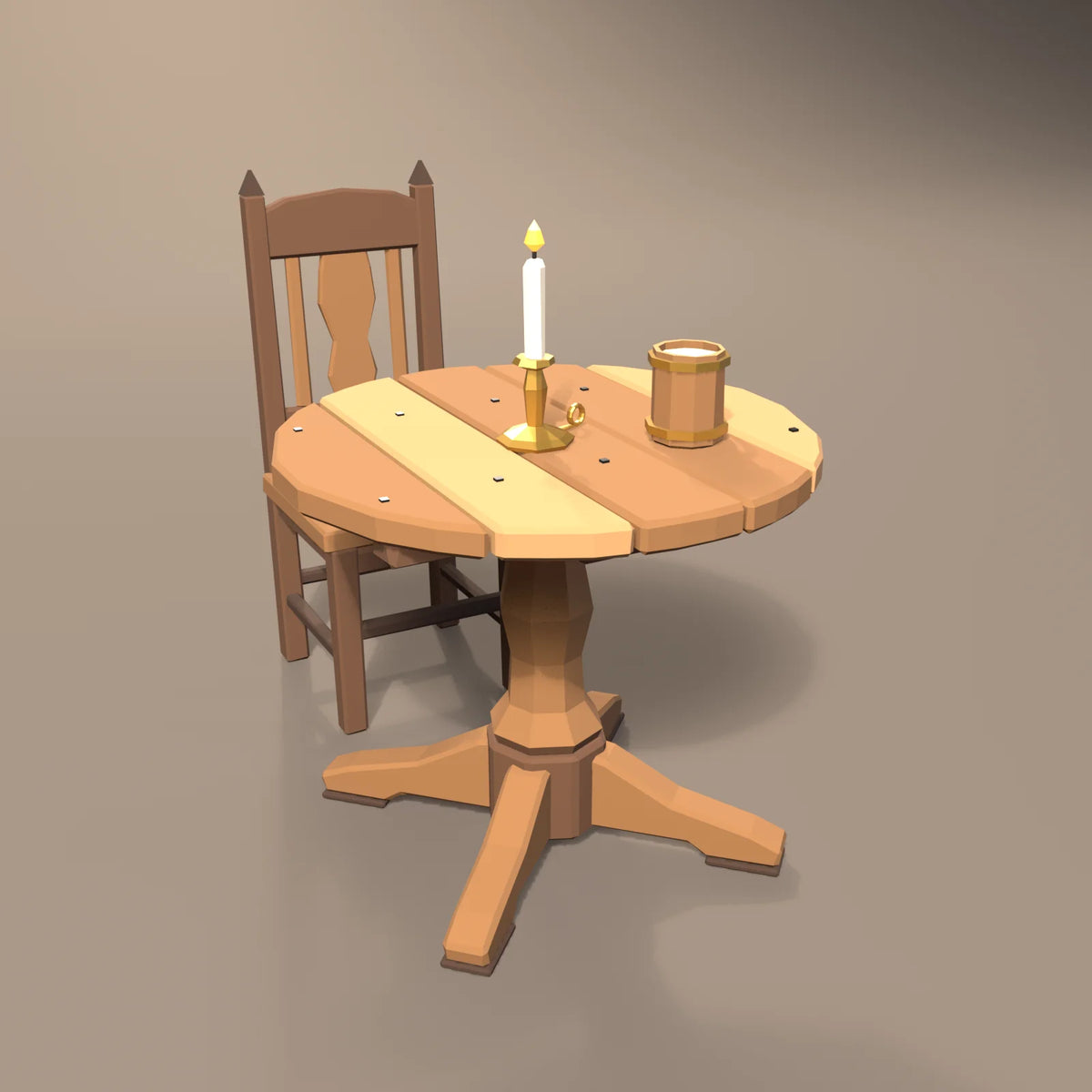 Brass candlestick in a Hearth & Hollow setting with the high-back tavern chair, round pedestal table and hooped wooden tankard (sold separately)