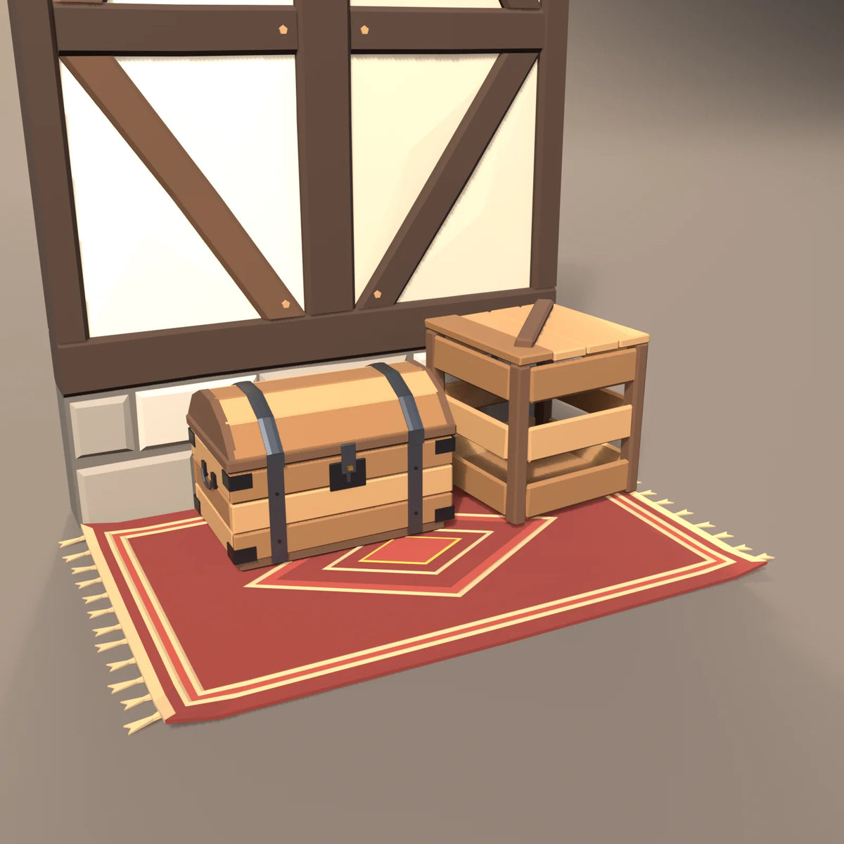 Iron-banded chest in a Hearth & Hollow setting with the slatted supply crate, woven floor rug and timber-frame wall (sold separately)
