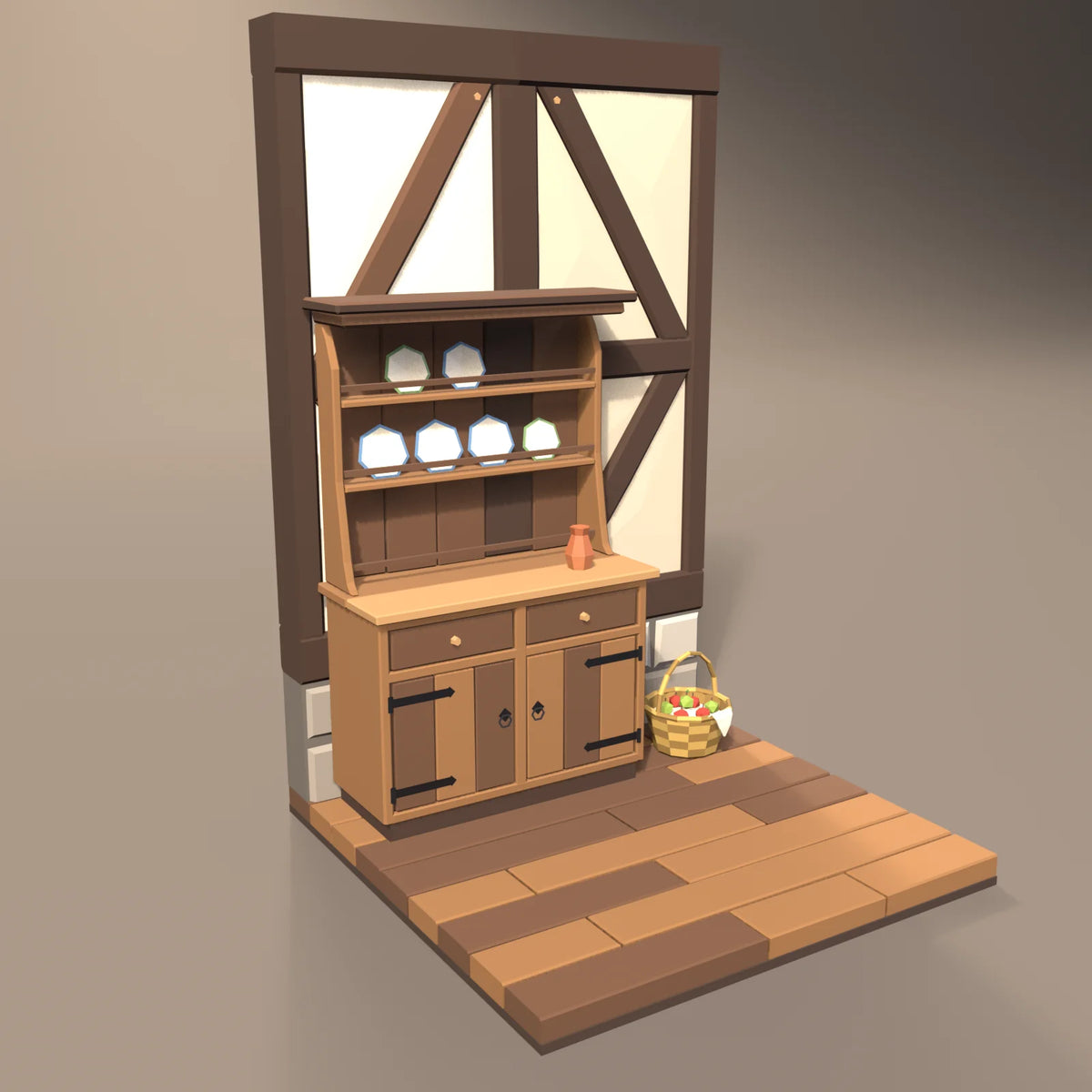 Kitchen dresser in a Hearth & Hollow setting with the wicker basket, plank floor tile and timber-frame wall (sold separately)