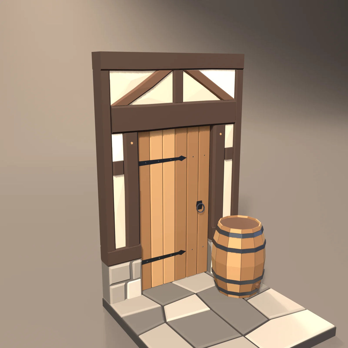 Plank door in a Hearth & Hollow setting with the oak ale barrel, flagstone floor tile and timber-frame wall with doorway (sold separately)