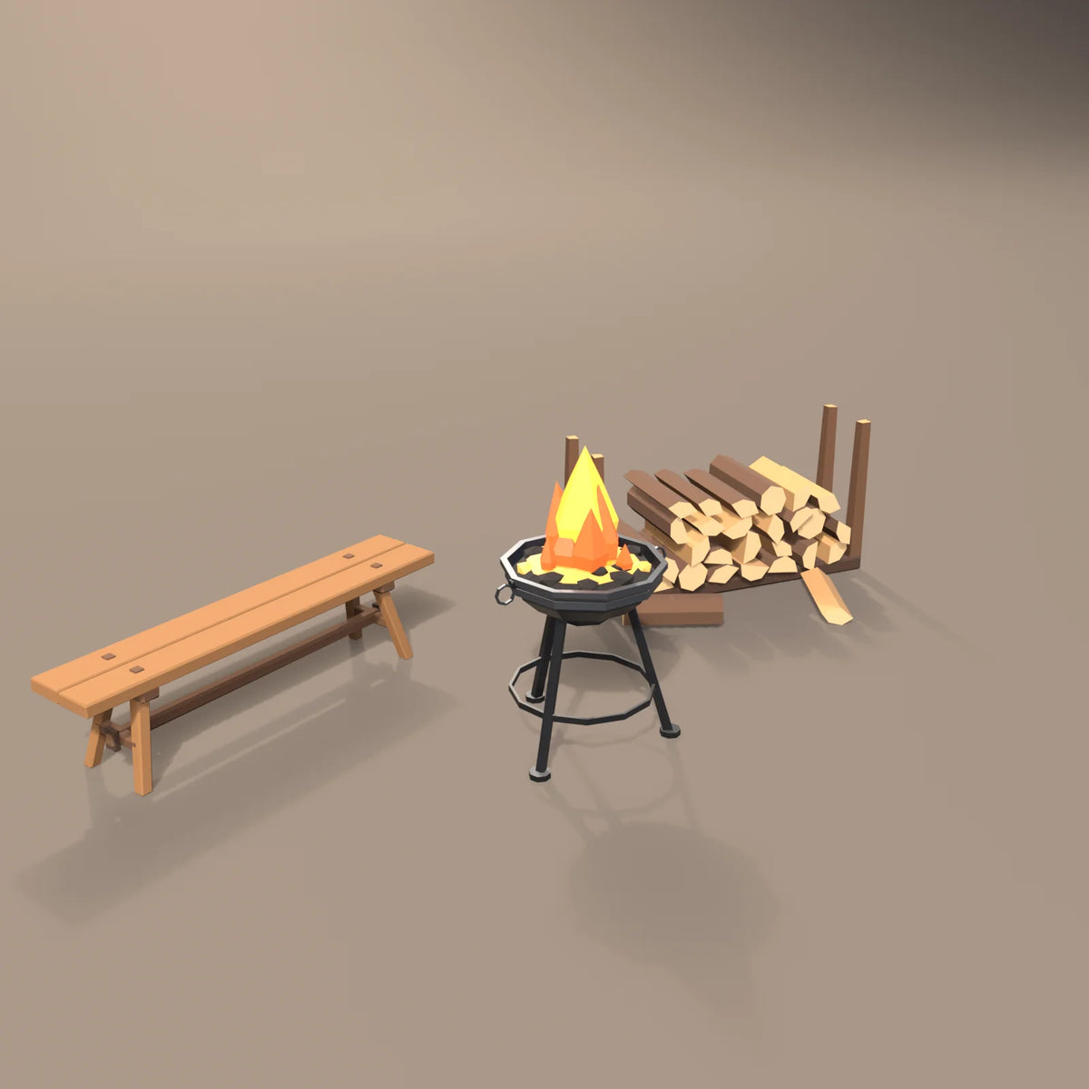 Standing fire brazier in a Hearth & Hollow setting with the tavern bench and firewood pile (sold separately)